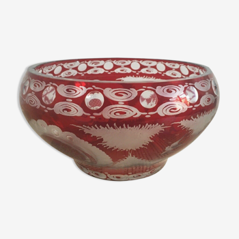 Old Cup Bohemian Crystal Bowl Cut & Engraved Ruby Red