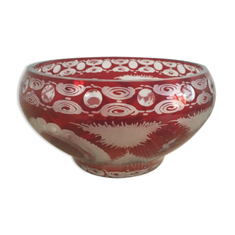 Old Cup Bohemian Crystal Bowl Cut & Engraved Ruby Red