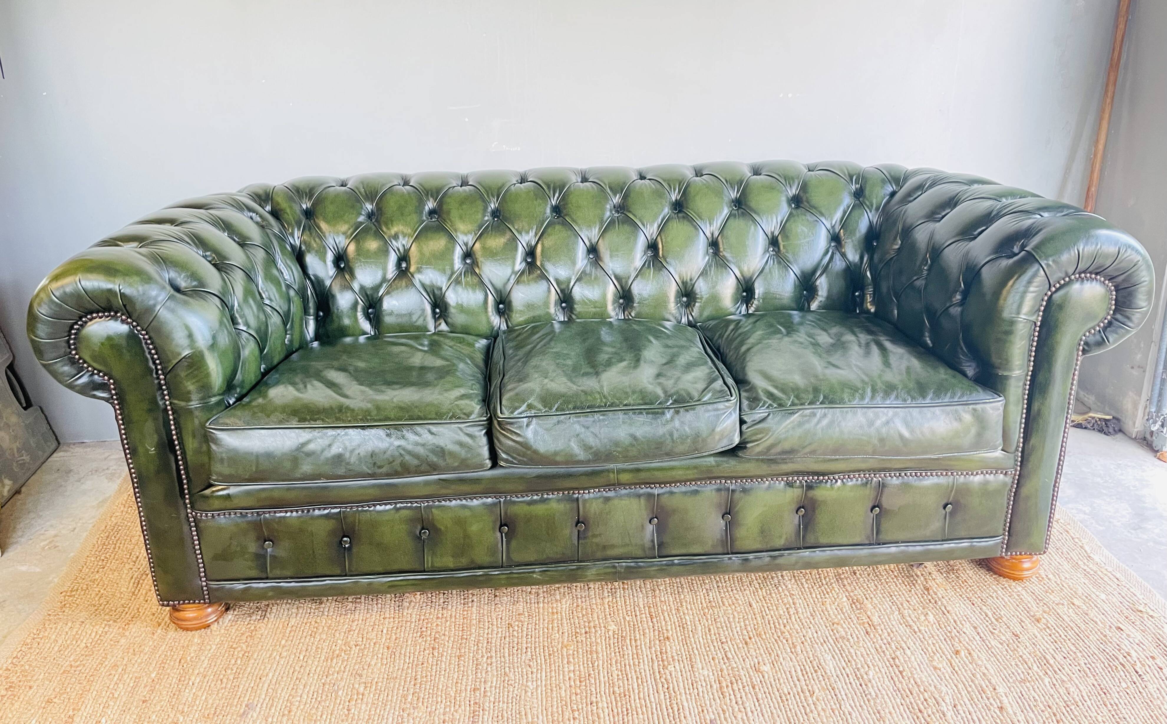 Chesterfield 3 seater sofa in English green leather