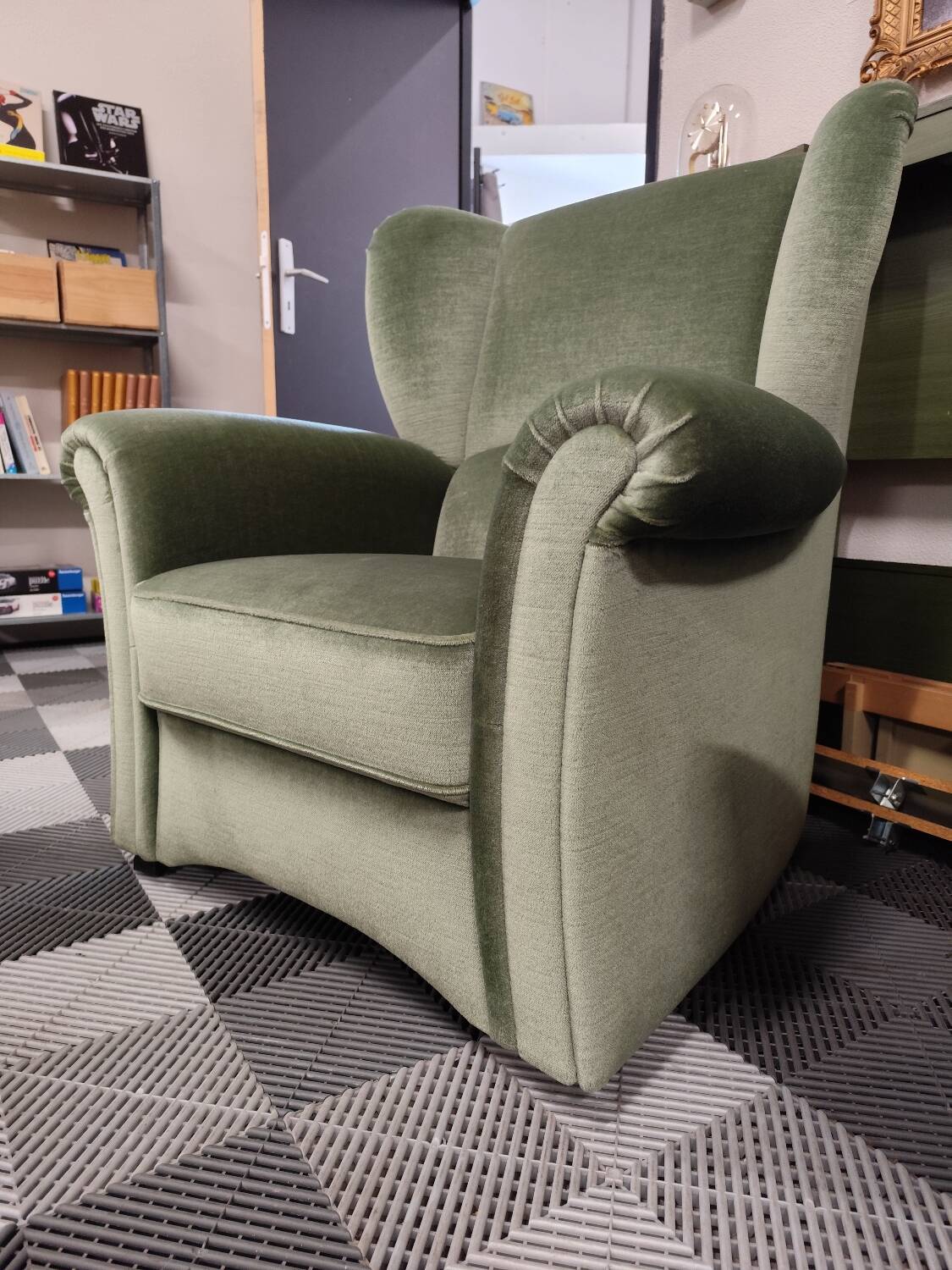 Vintage armchair in light green fabric from the 70s