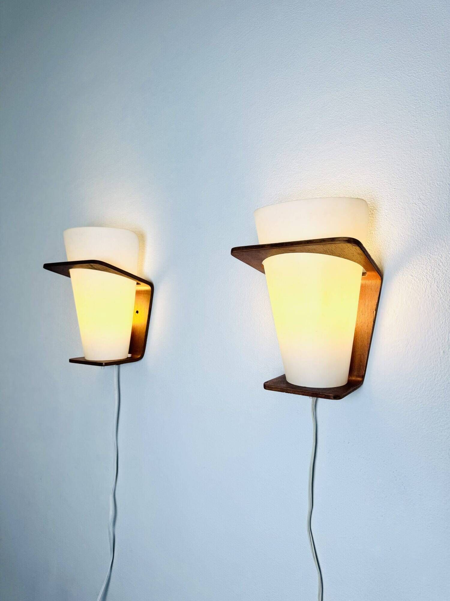 Nx41 Wood And Curved Glass Wall Lamps By Louis Kalff For Philips, The Netherlands 1950S