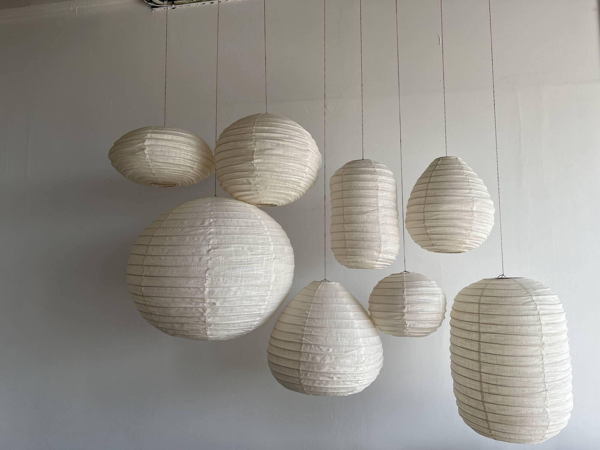 Large round suspension in rattan and natural linen, Japanese style, D:60.