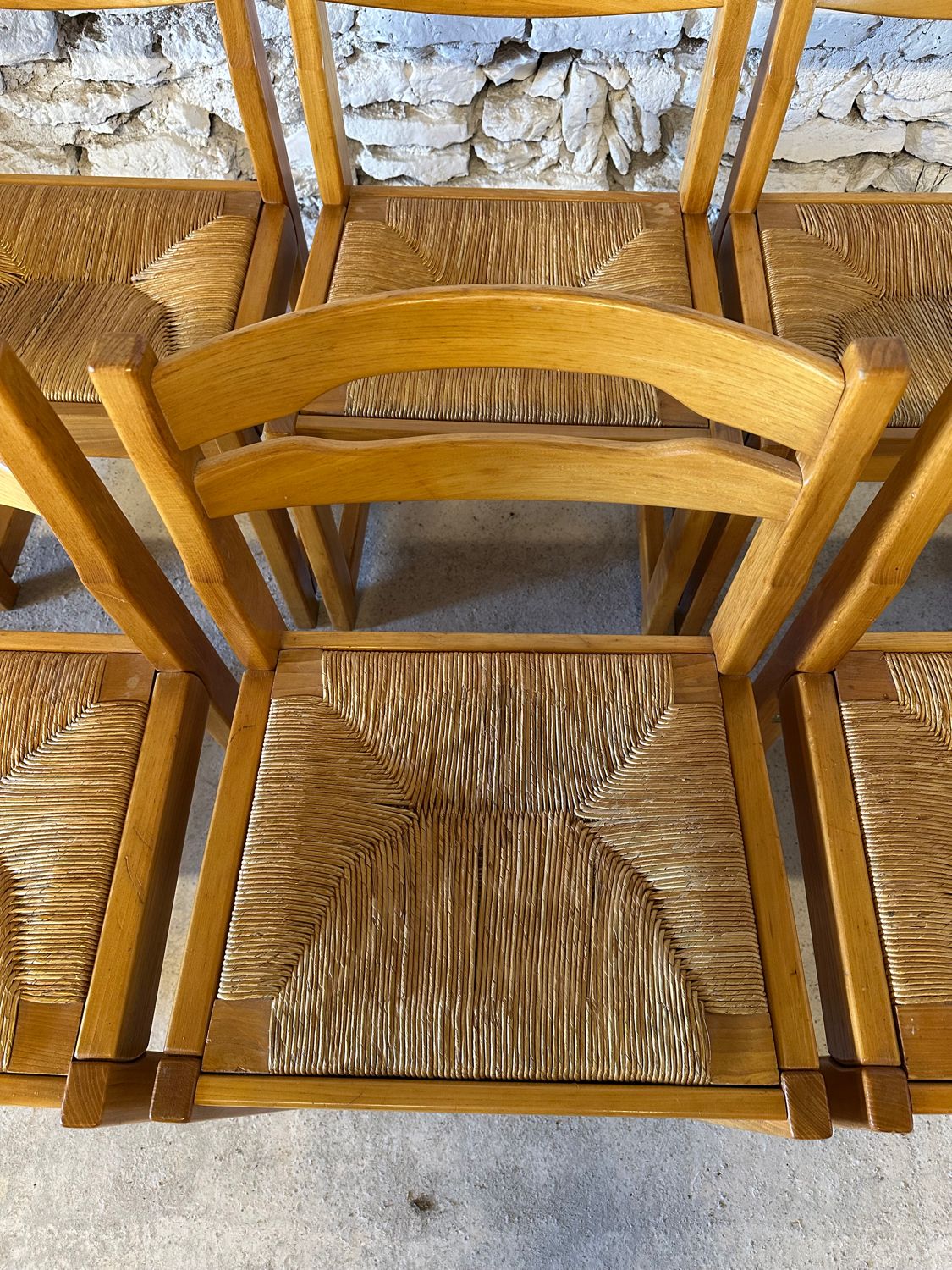 6 Regain House chairs - Elm and straw - 1980 - Vintage - Brutalist