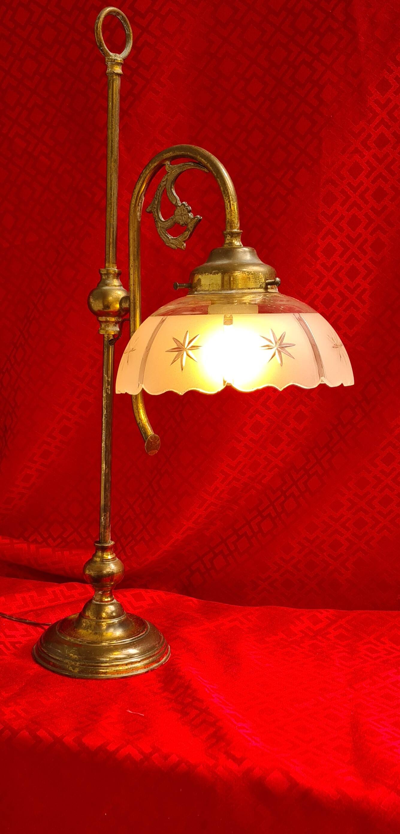 large 1900 brass lamp and cut and opaque glass lampshade, 53x25 original elec,