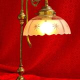 large 1900 brass lamp and cut and opaque glass lampshade, 53x25 original elec,