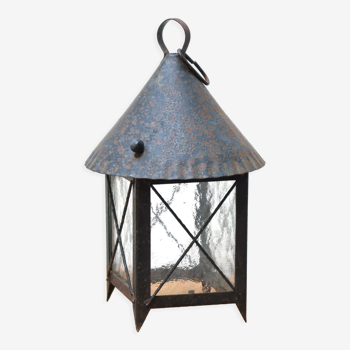 Lantern pendant lamp and glass and metal, 50s