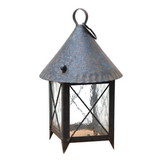 Lantern pendant lamp and glass and metal, 50s