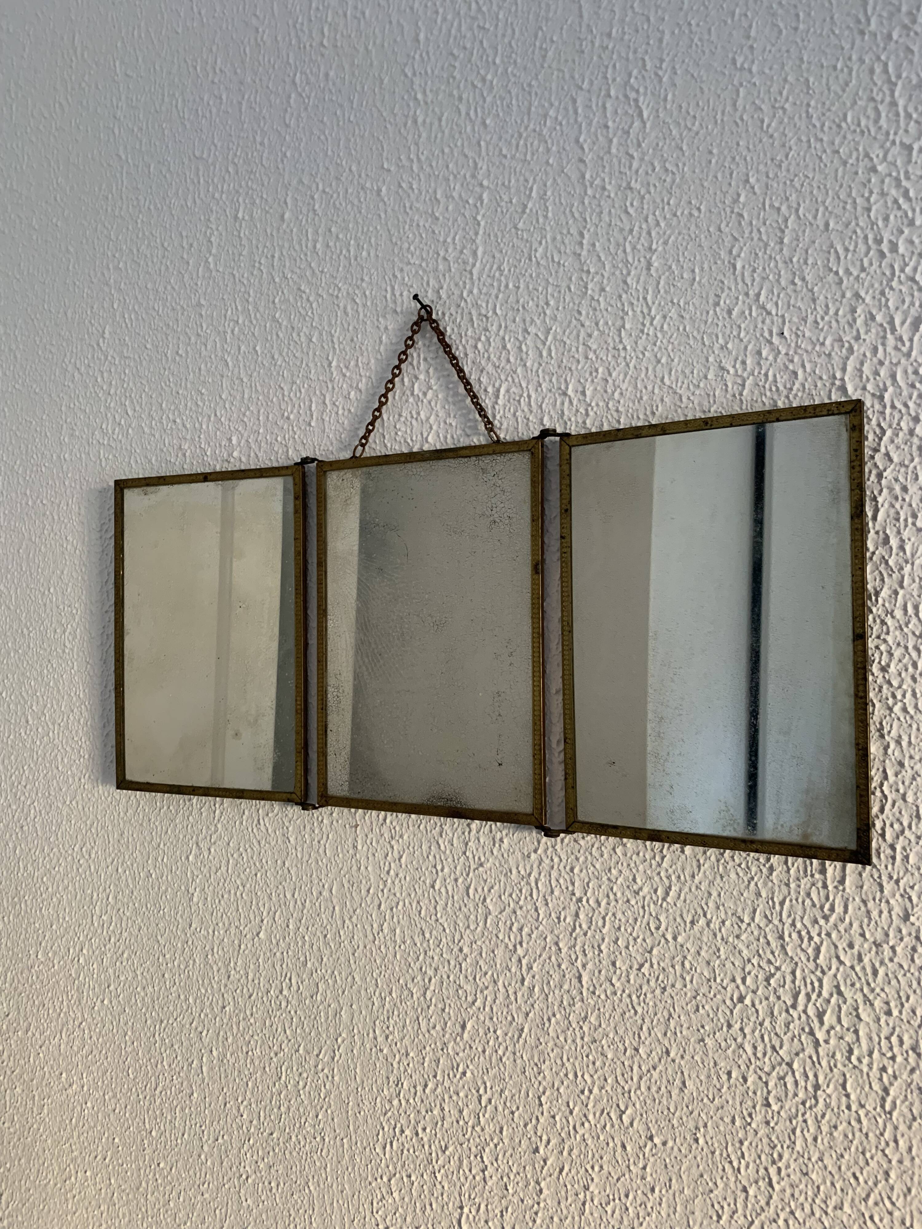 Miroir vintage 1900 triptyque barbier Art Nouveau doré - 21 x 48 cm