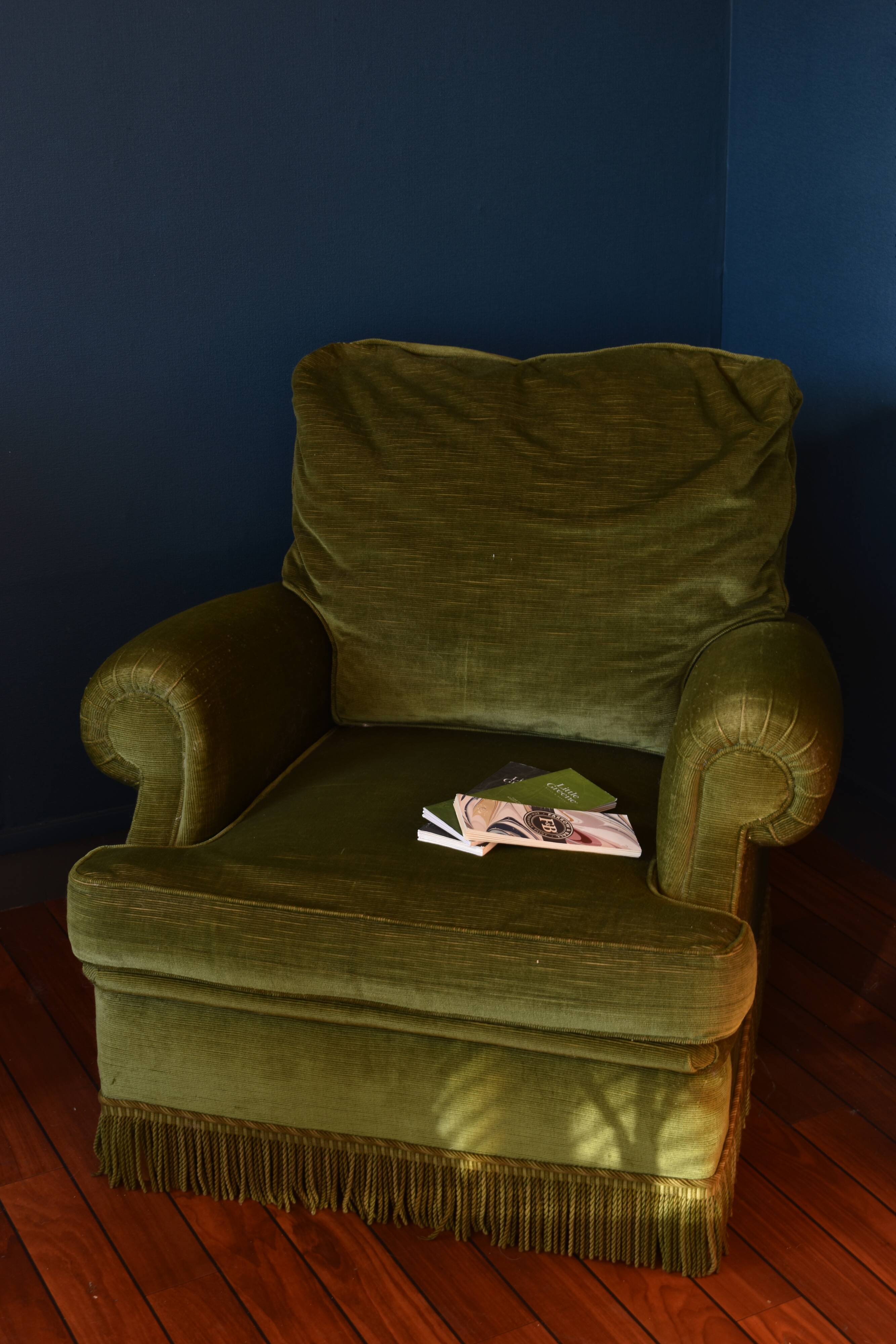 Vintage armchair green velvet fringes