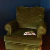 Fauteuil vintage vert velours franges