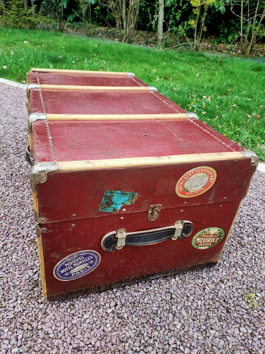 Old metal and wood travel trunk