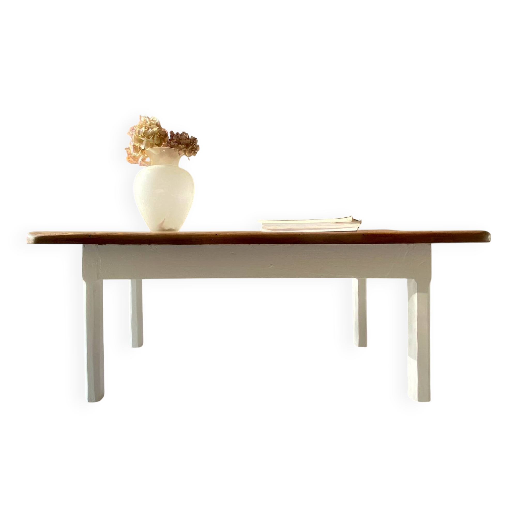 Restored antique coffee table – Natural oak and cream legs