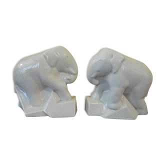 Elephant-shaped bookends, cracked earthenware, 1930s, ART DECO