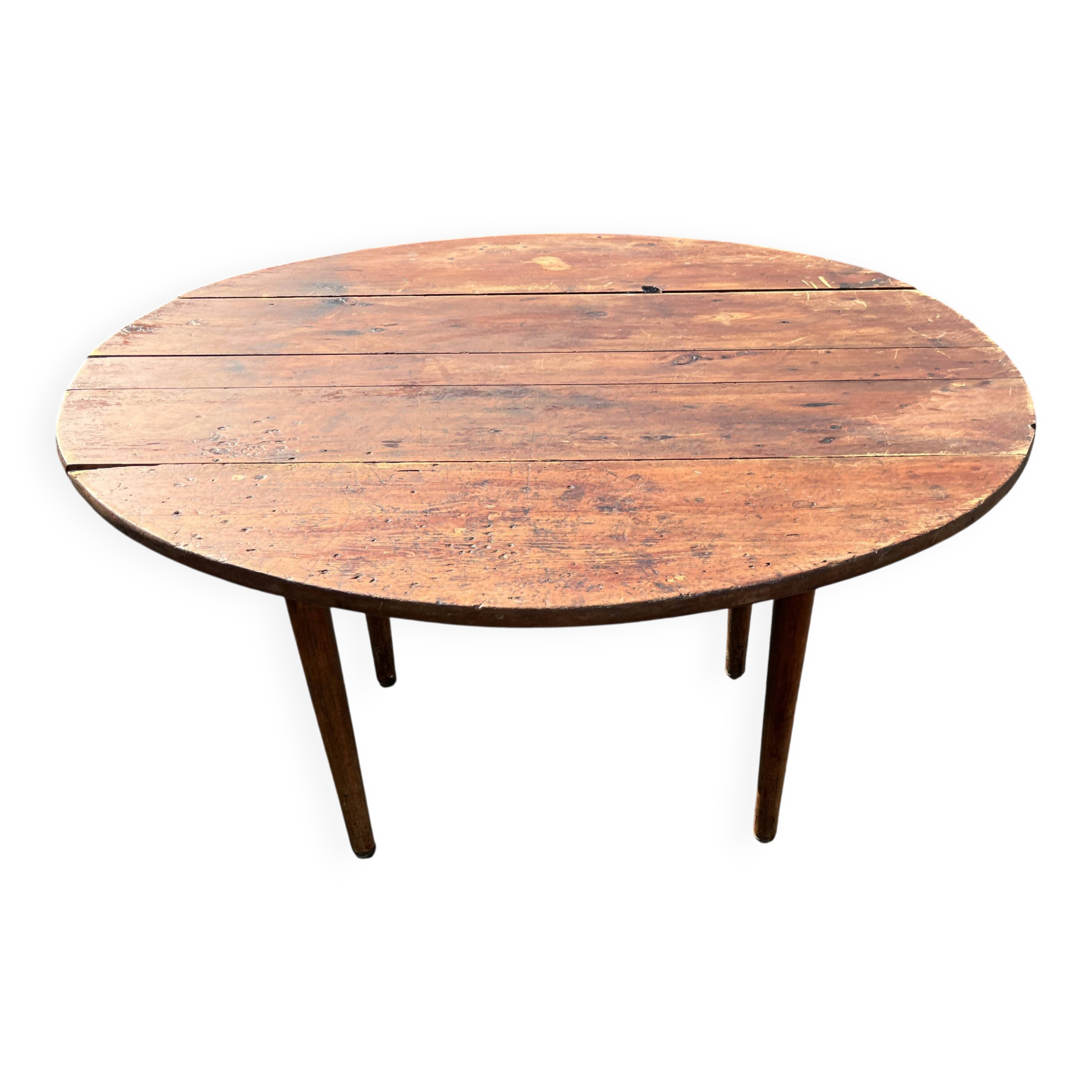 Antique rustic round wooden table 121cm, straight base