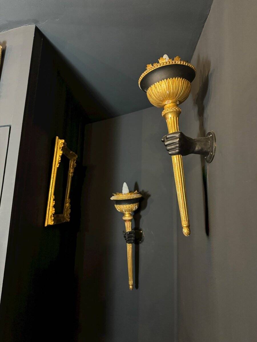 Pair of 19th Century Torchieres / Wall Lights in Gilded Wood and Bronze