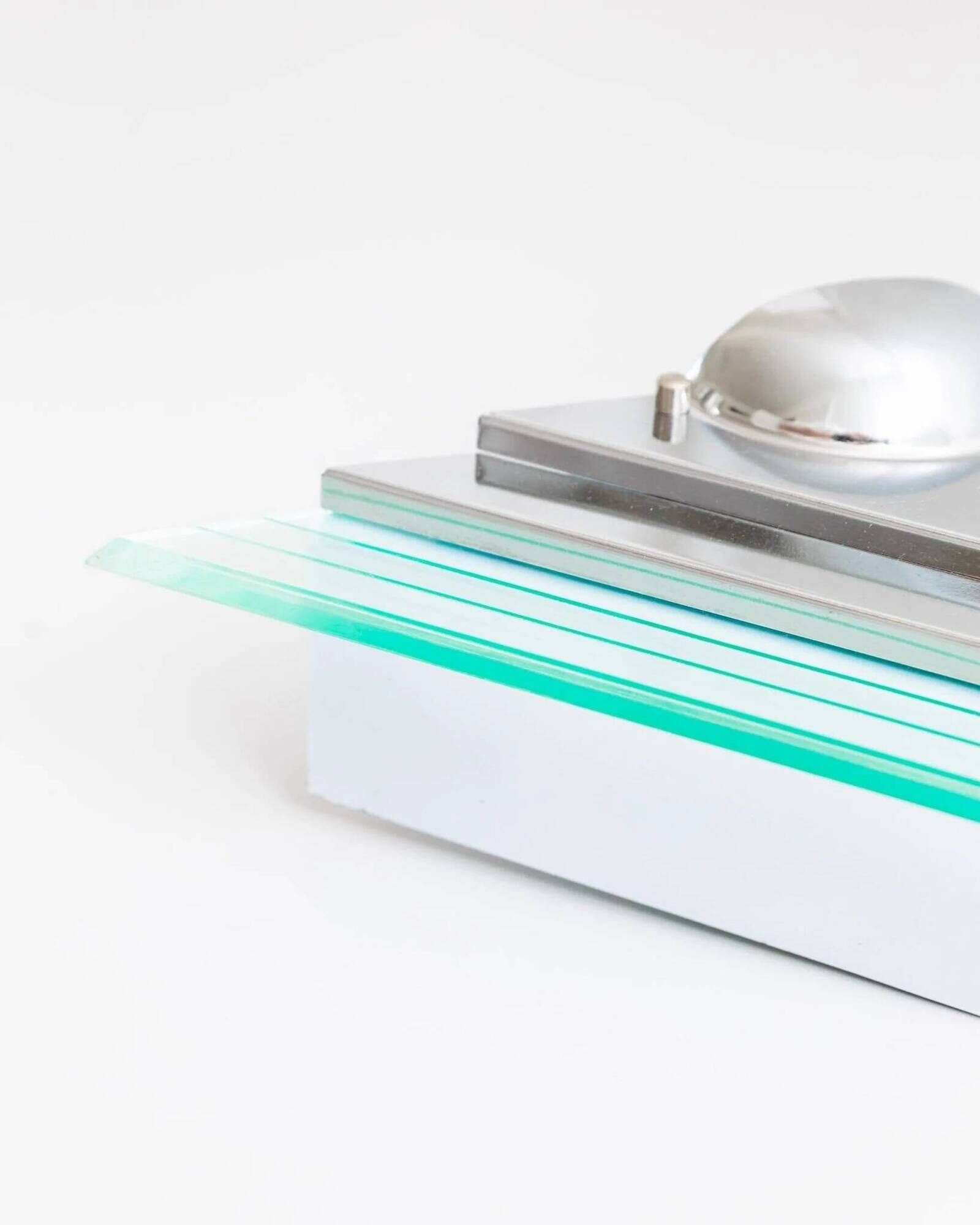 Muted green glass wall lamp with chrome metal accents, Memphis-style postmodern, 1990s