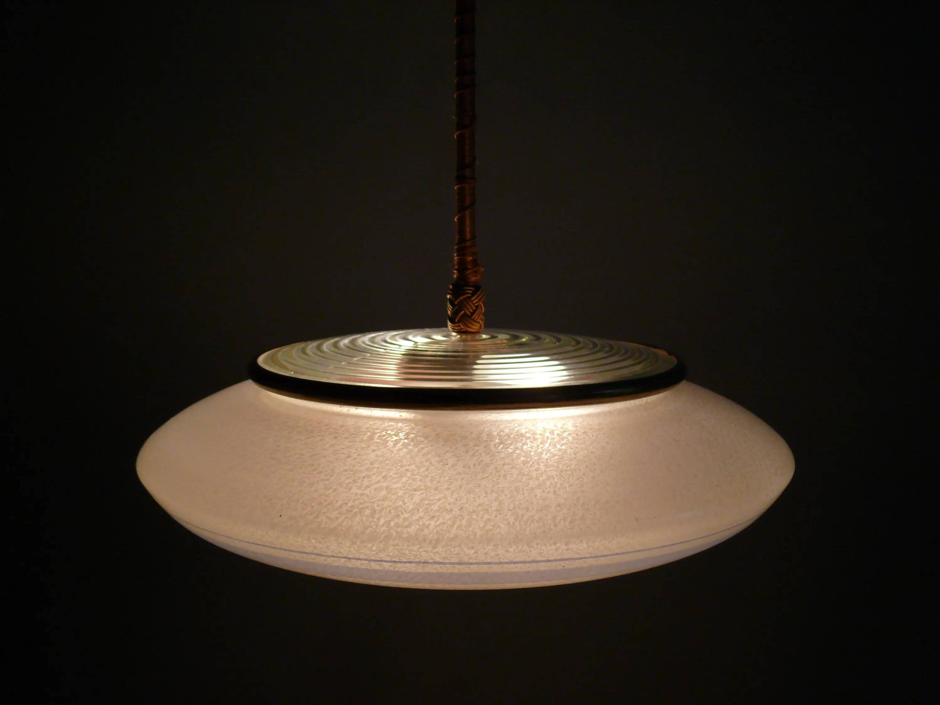 Suspension Art Déco en laiton blanc et verre - années 1930-1950