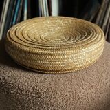 Round wicker basket with lid, vintage soft weaving.