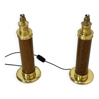 Pair of vintage 1960s lamp bases in wood and brass.
