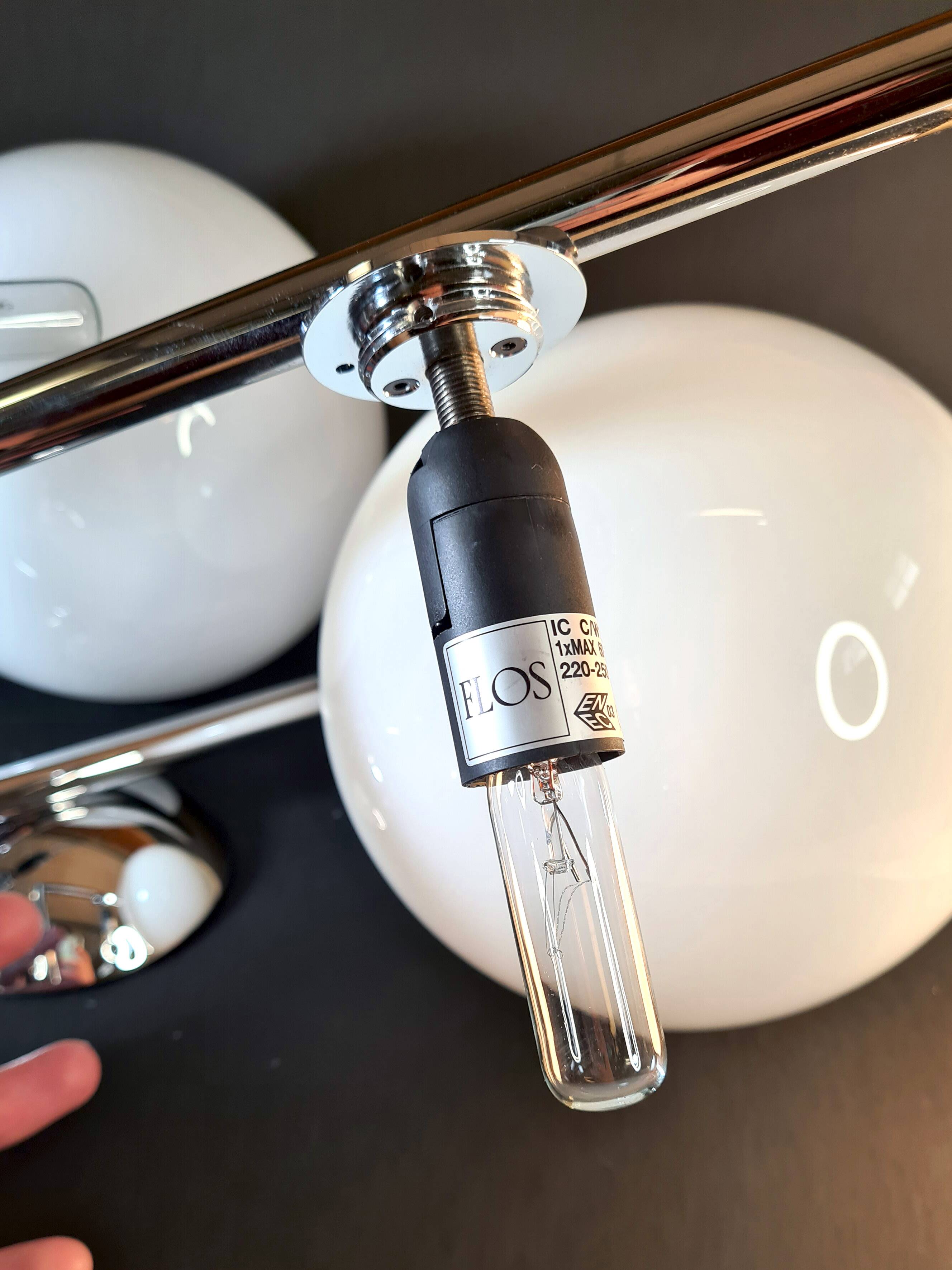 Pair of FLOS IC Lights C/W2 Wall Lights – Chrome & Globe Ø30 – Blown Glass