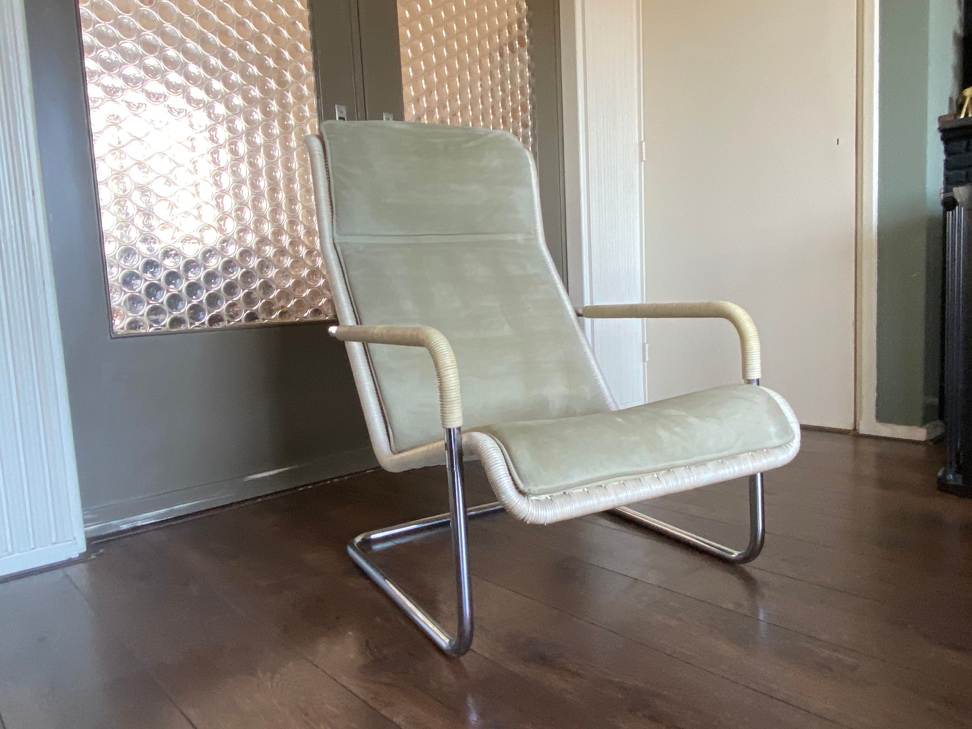 Vintage modernist chromed tubular steel, rattan & leather easy chair