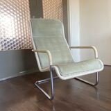 Vintage modernist chromed tubular steel, rattan & leather easy chair