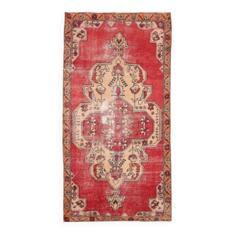Antique Red Tan Beige Turkish Vintage Rug, 130x247Cm