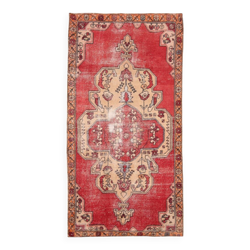 Antique Red Tan Beige Turkish Vintage Rug, 130x247Cm