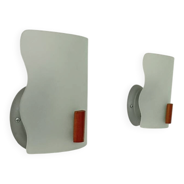 Pair of vintage wall lights in frosted glass and wood, France, 1970.