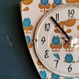 Vintage formica clock silent asymmetrical wall pendulum "Blue flowers"