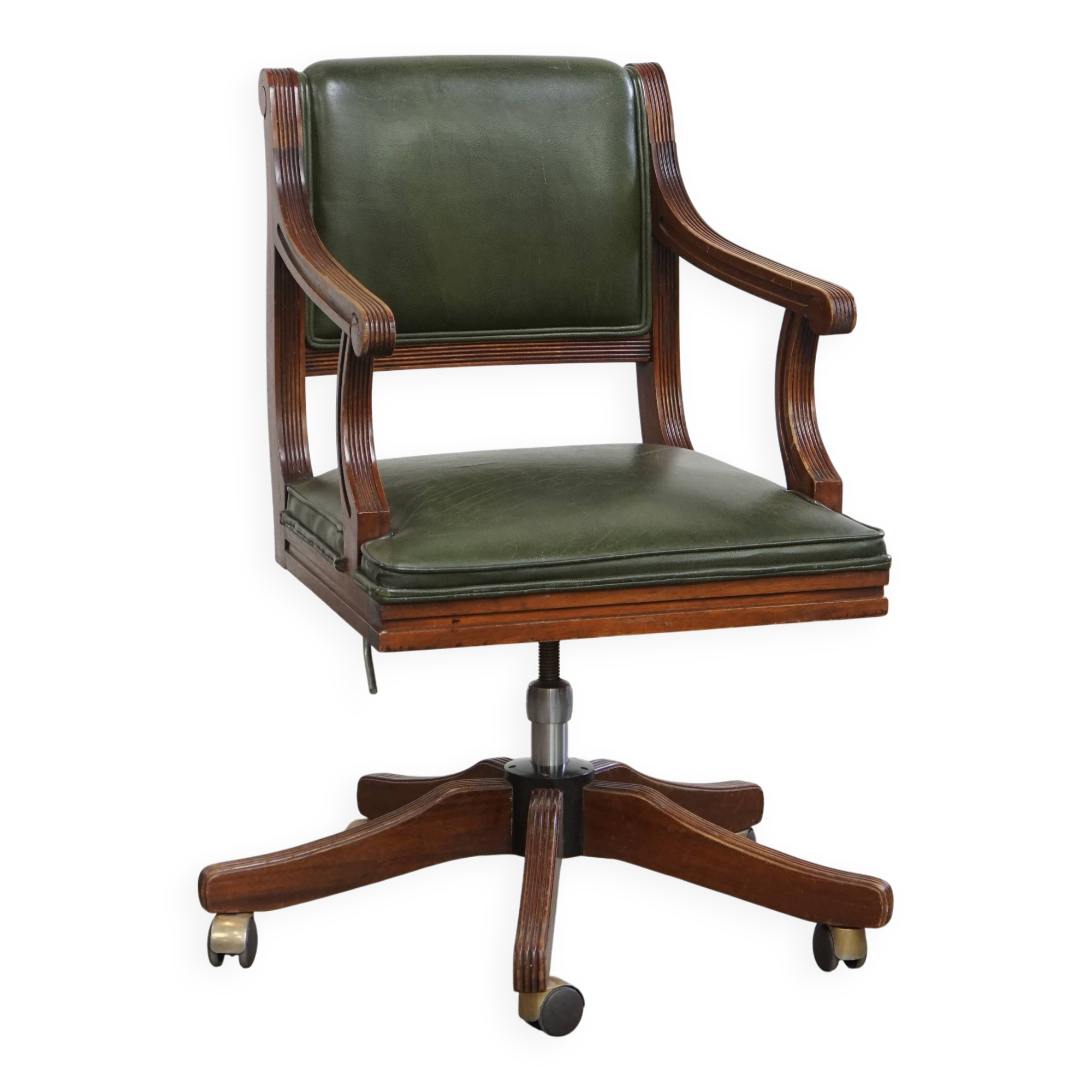 English-Style Office Chair in Cowhide Leather on Wheels Combined with Wood