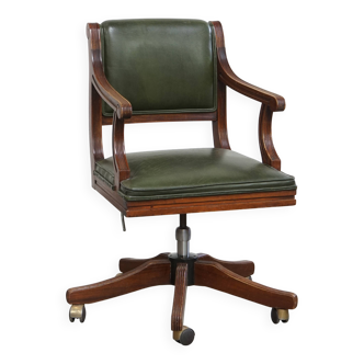 English-Style Office Chair in Cowhide Leather on Wheels Combined with Wood