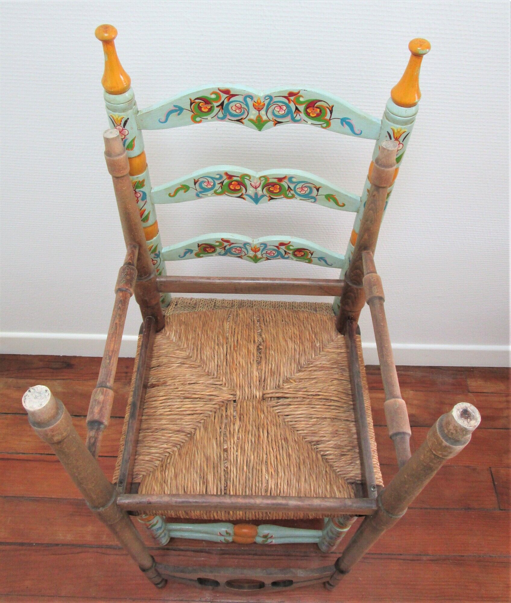 Two chairs patinated polka dots and painted wood folk art seat vintage straw