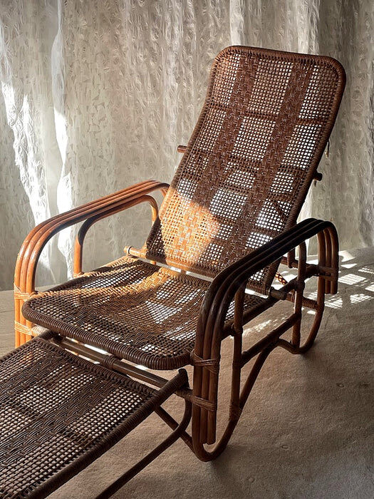 Mid-century adjustable rattan lounge chair with retractable footrest, Japan