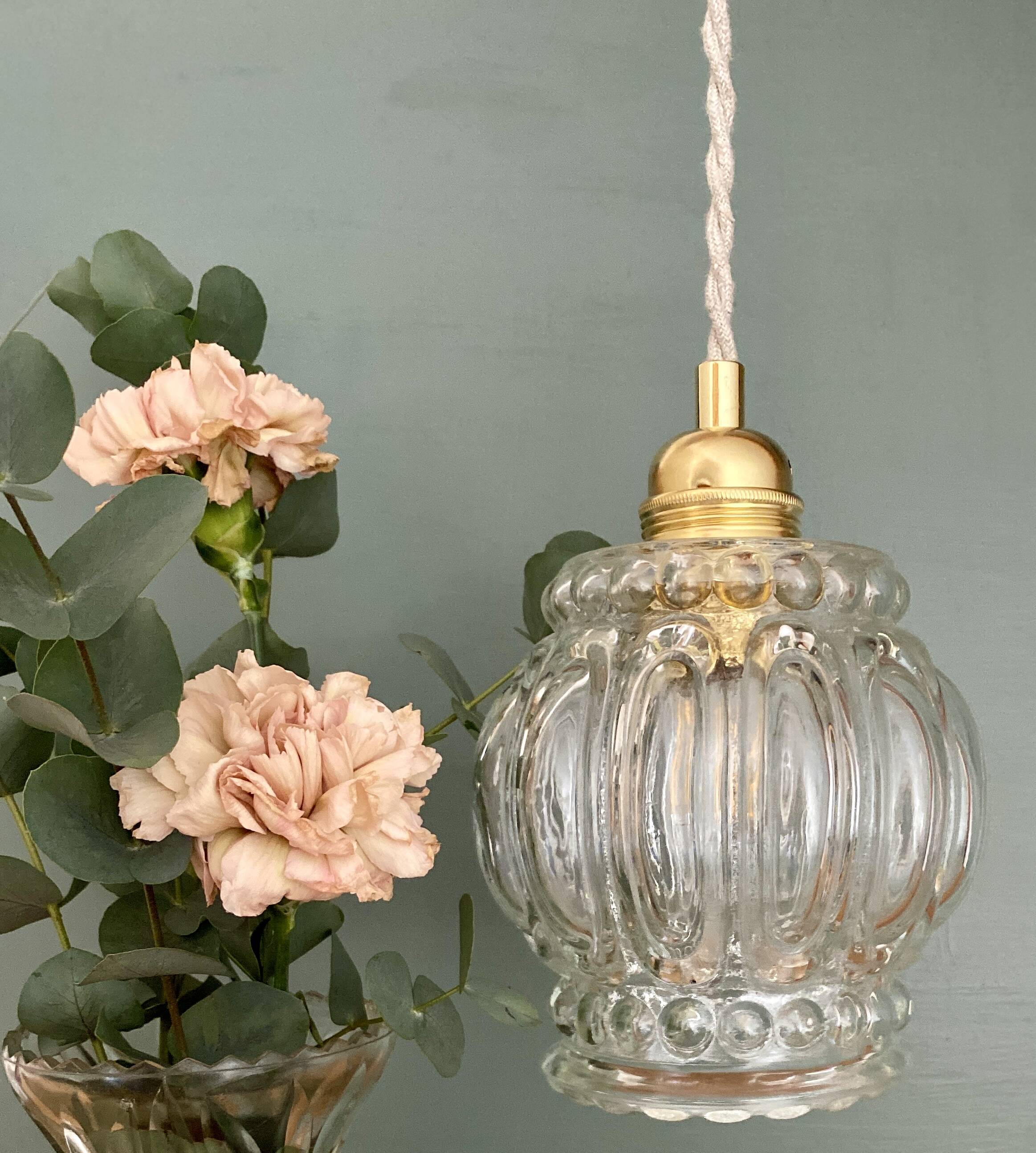 Vintage globe pendant light in transparent bubbled glass