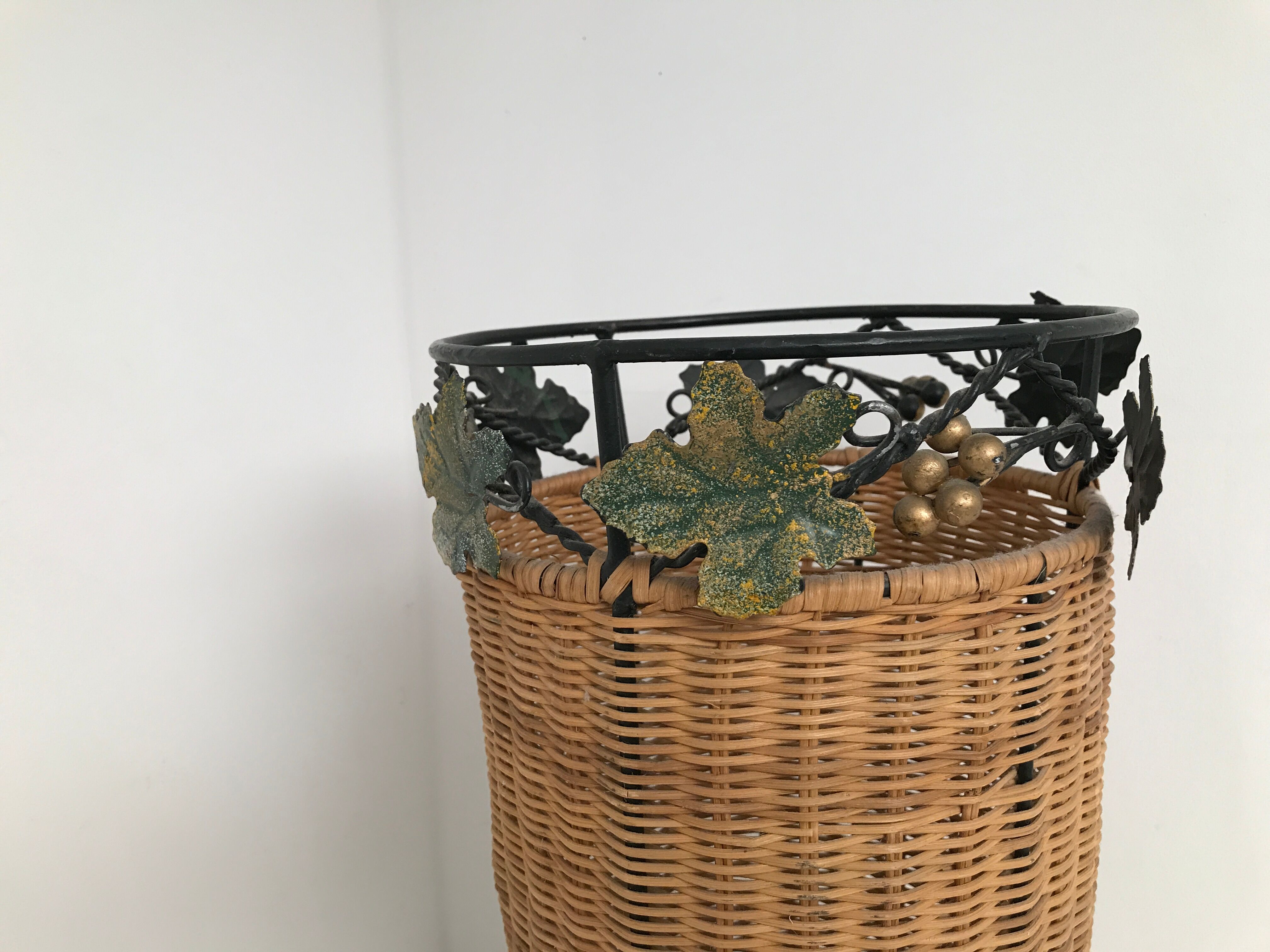 Vintage rattan and wrought iron umbrella holder