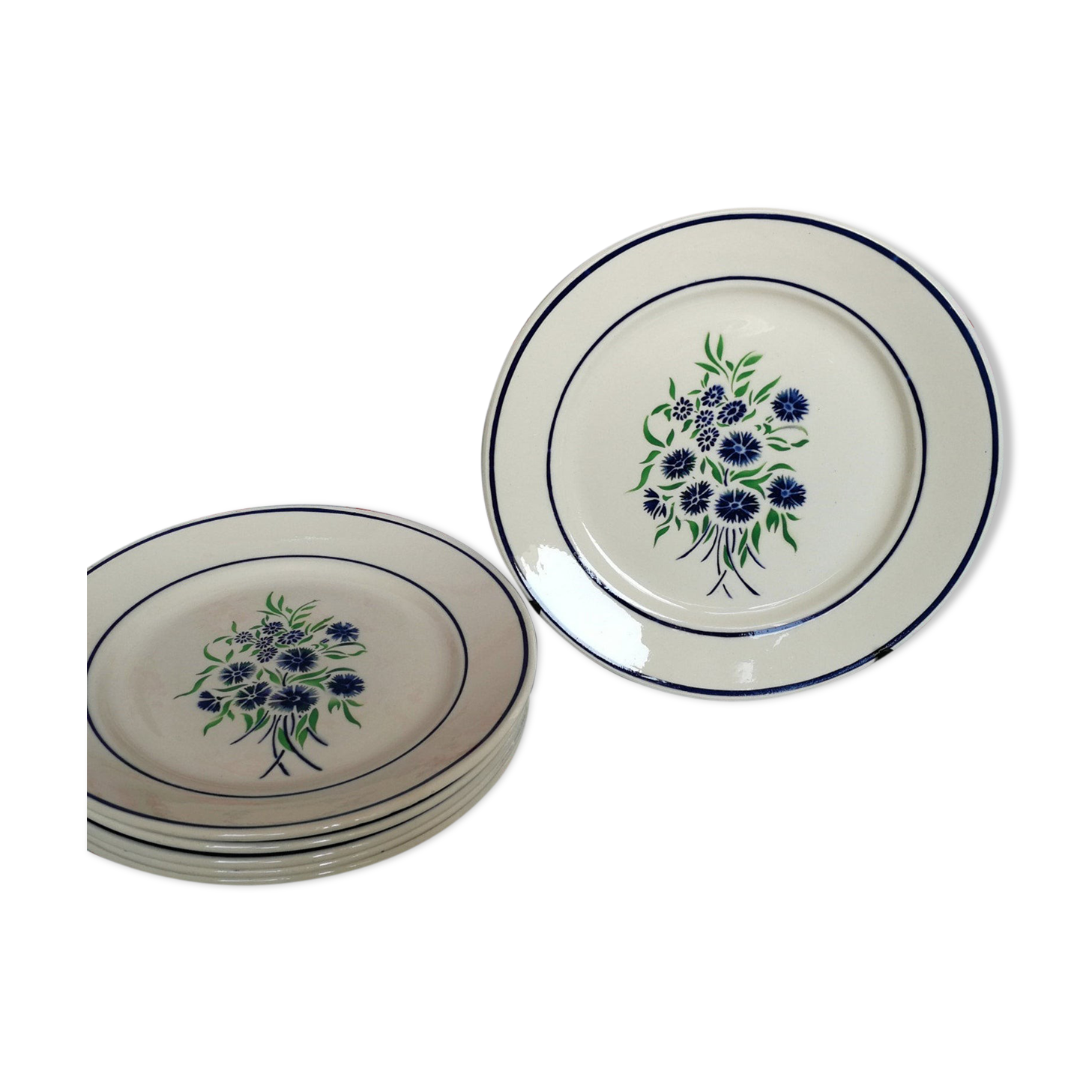 6 plates old Badonviller francine blue and green flowers au pochoir