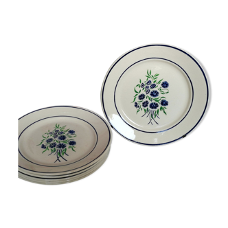 6 assiettes plates anciennes Badonviller francine fleurs bleues et vertes au pochoir