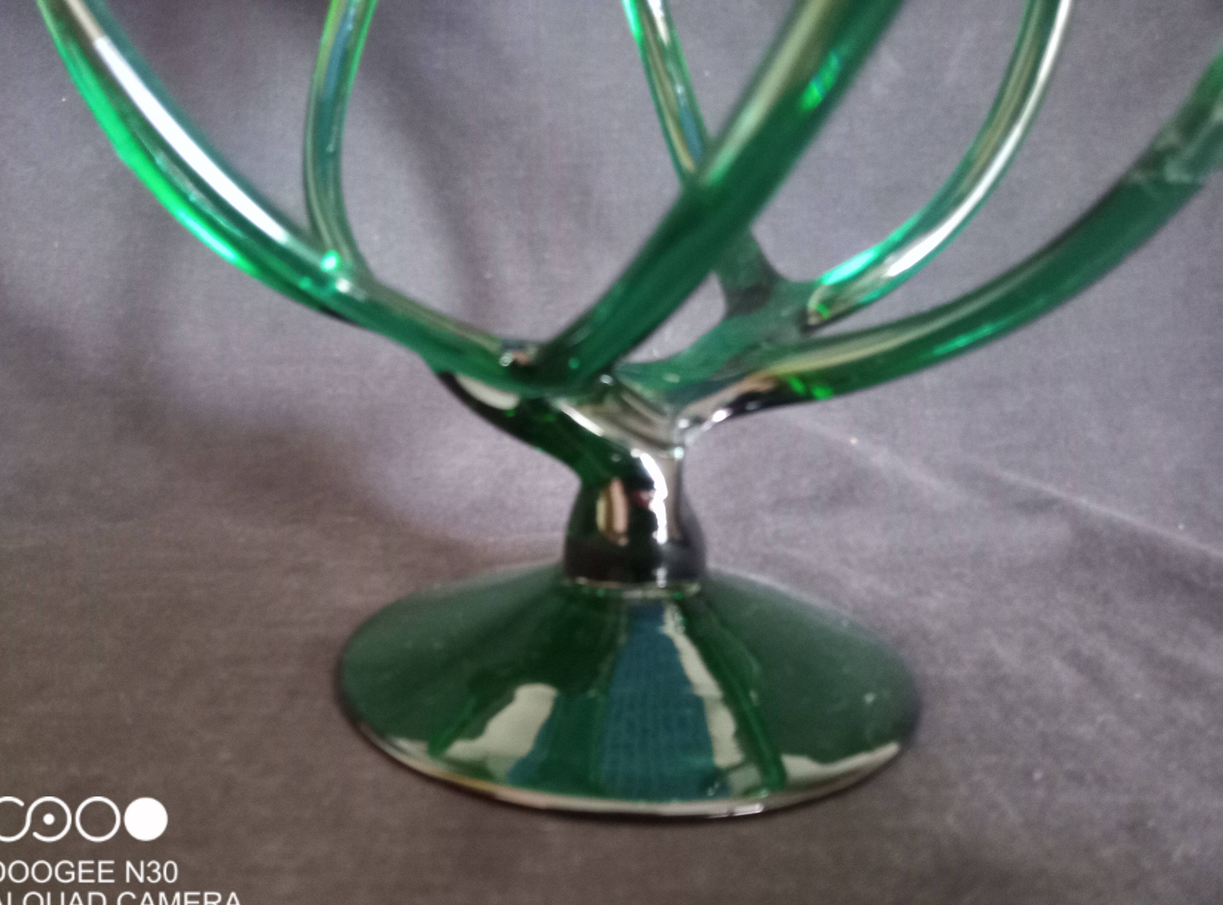 Bowl, centerpiece on twisted blue and green glass legs