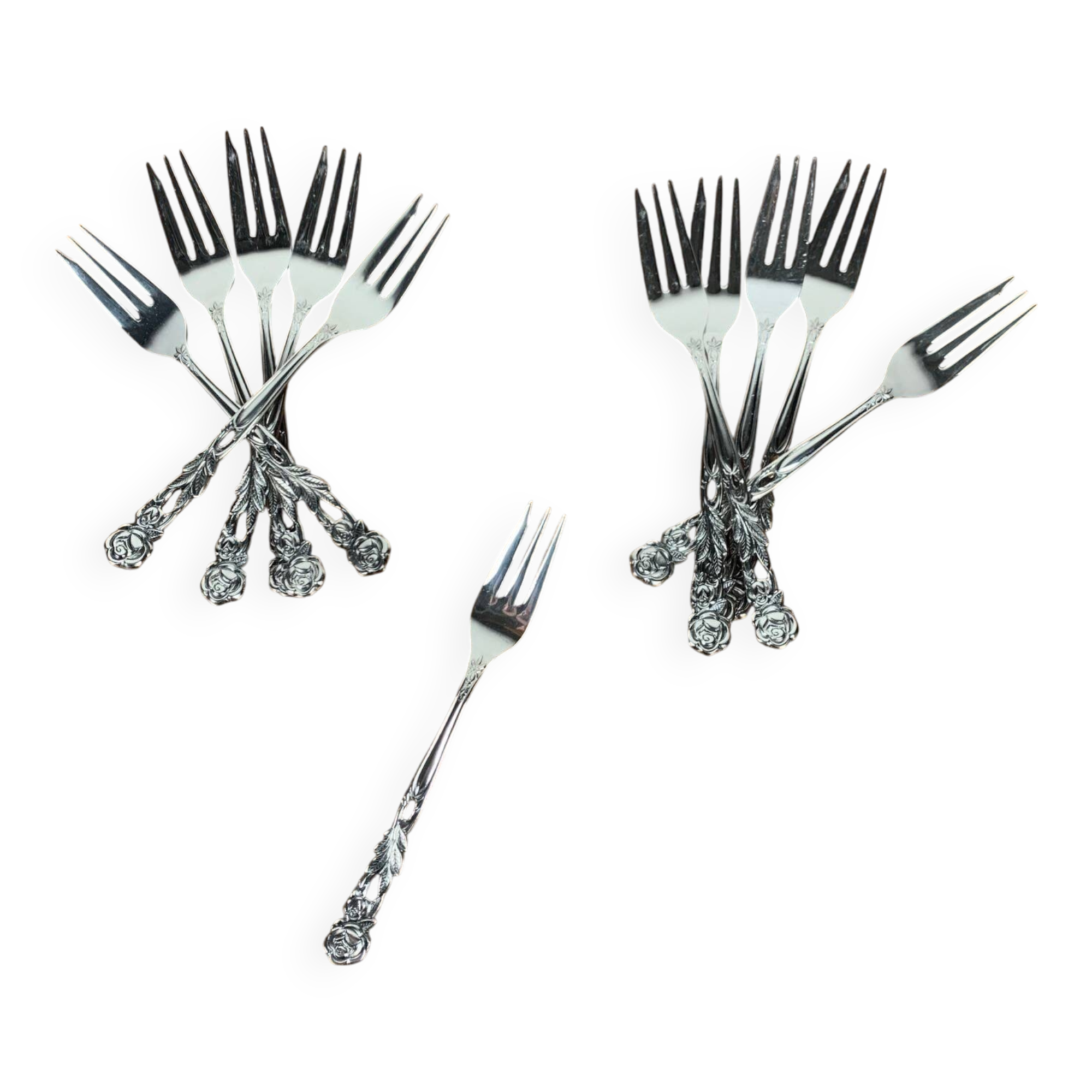 Set of 10+1 Japanese stainless steel dessert forks, rose pattern, 1970