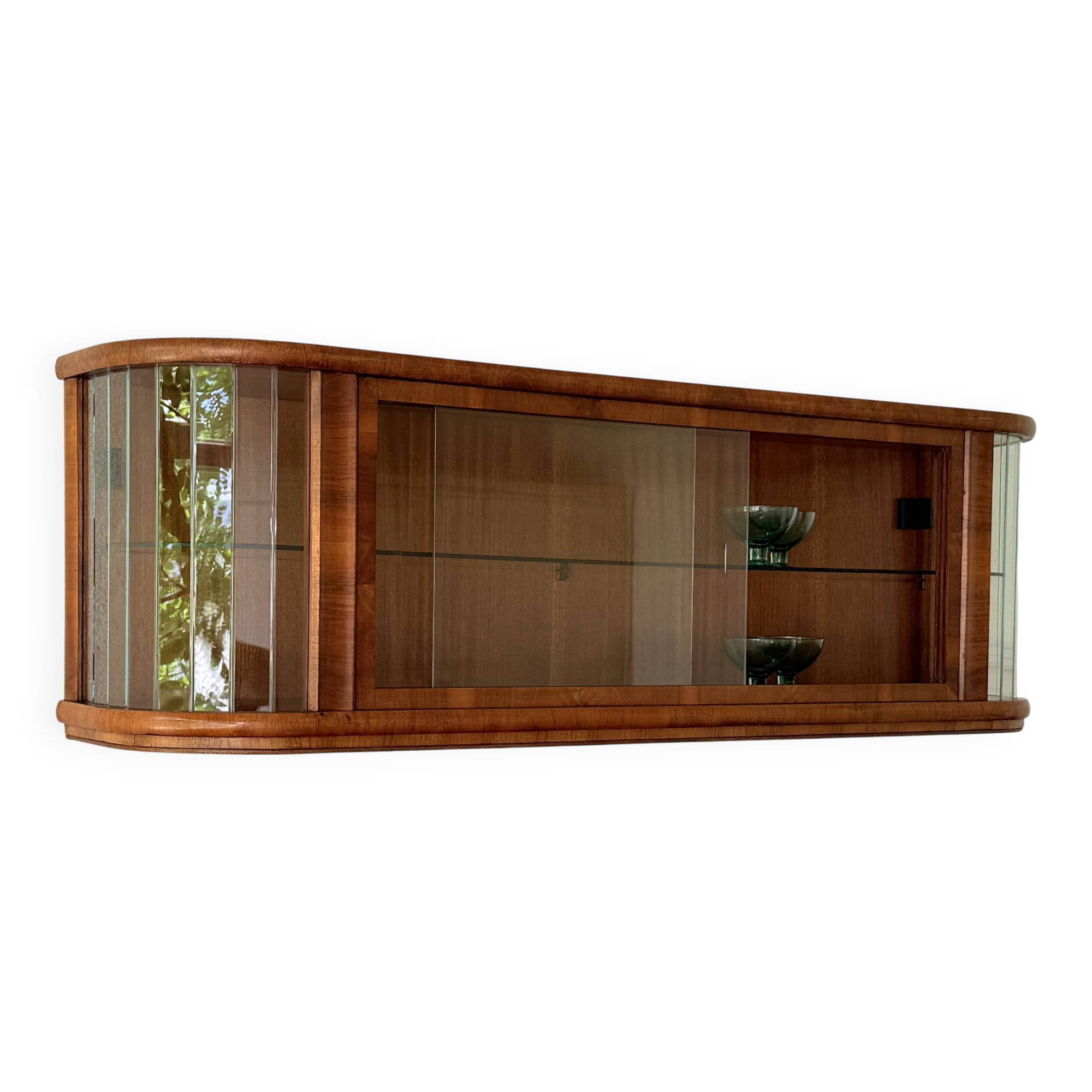 Polish Mid-Century Modern Wall Showcase Cabinet – Beveled Glass & Wood Vene