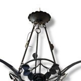 Lustre Art Déco en fer forgé et verre dépoli