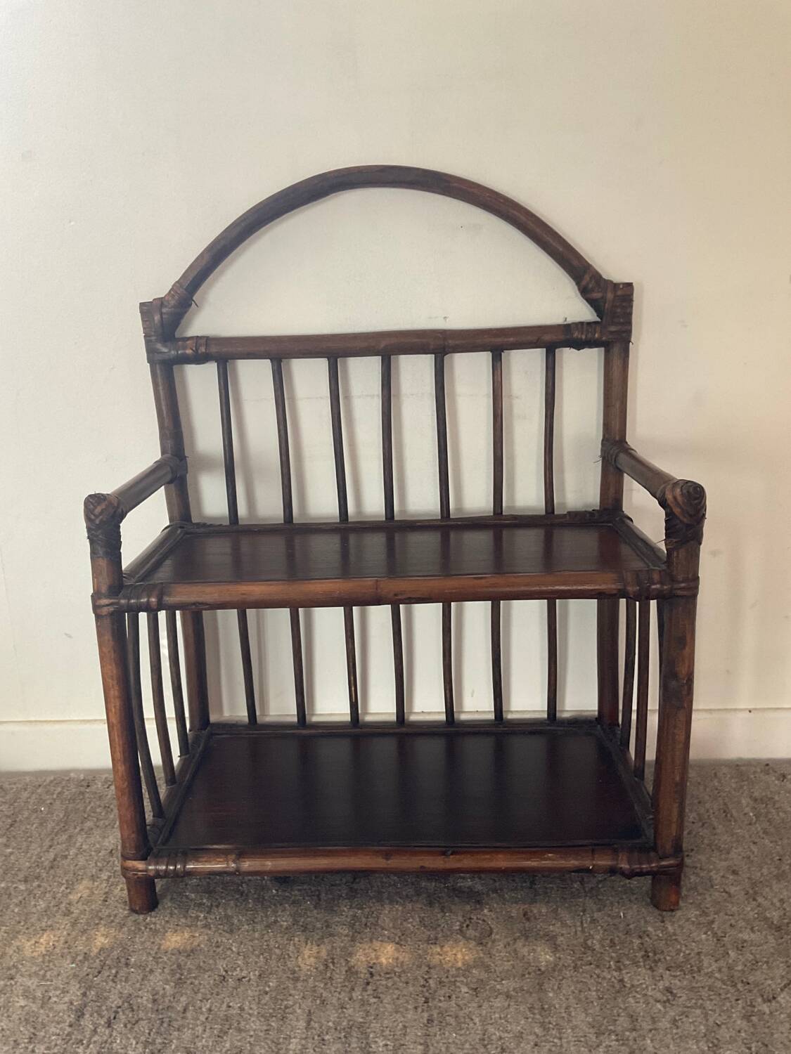 Vintage rattan and wood shelf from the 70s