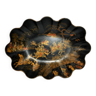 Chinese lacquer basket plateau Napoleon III with gold decoration, Japan combat, 19th century.