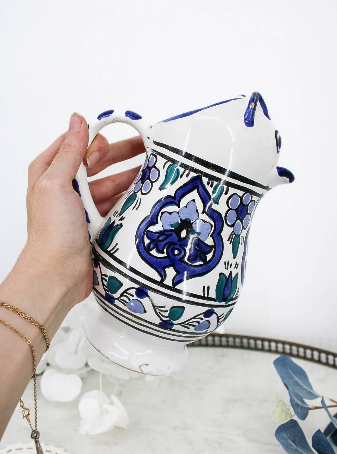 Vintage blue and green ceramic cat-shaped jug carafe