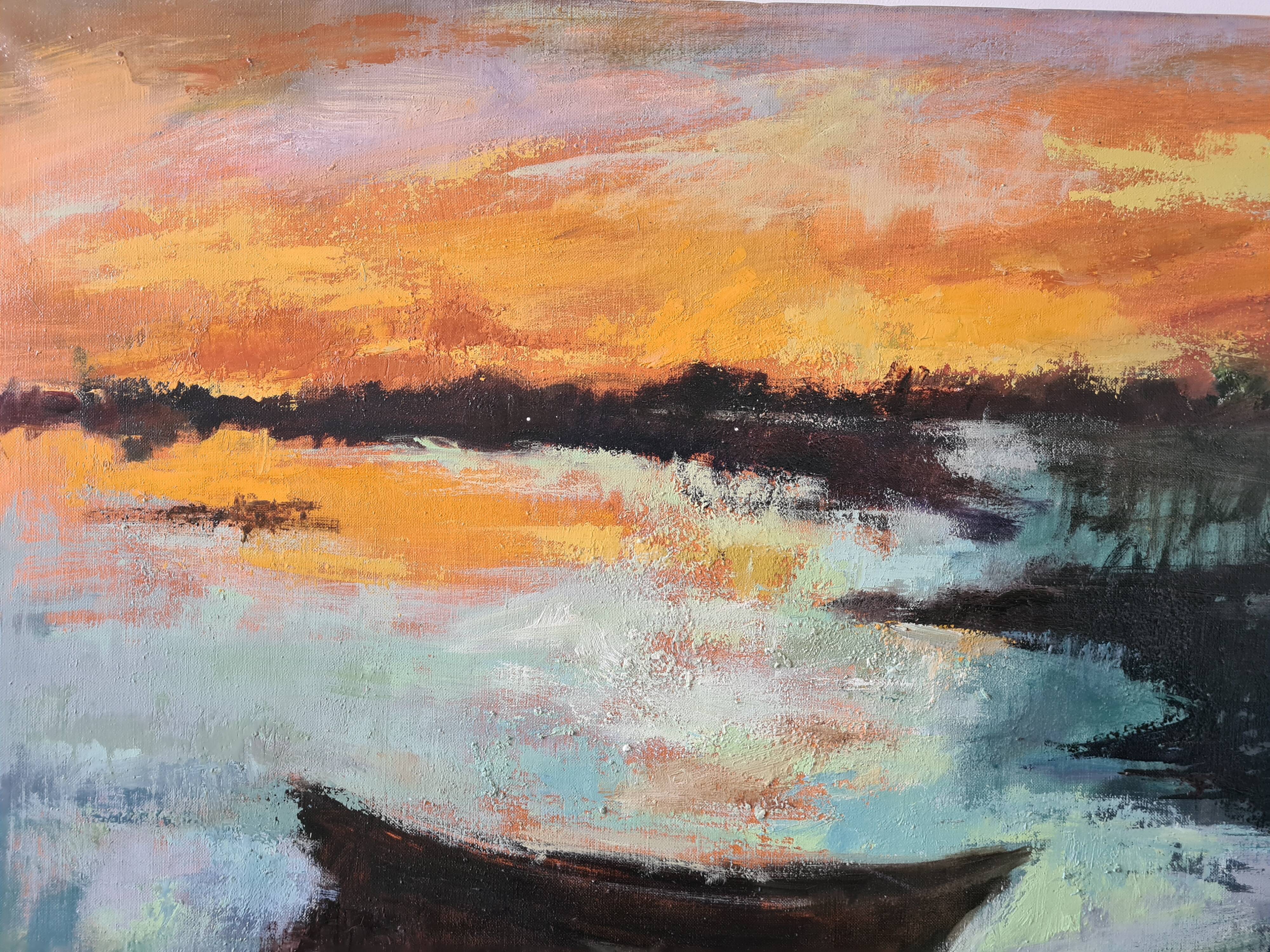 Boat at sunset, oil by Nicole Guieu