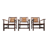 Mid-century rustic wooden armchairs with woven seat and back