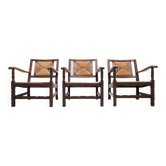 Mid-century rustic wooden armchairs with woven seat and back