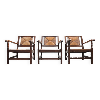 Mid-century rustic wooden armchairs with woven seat and back