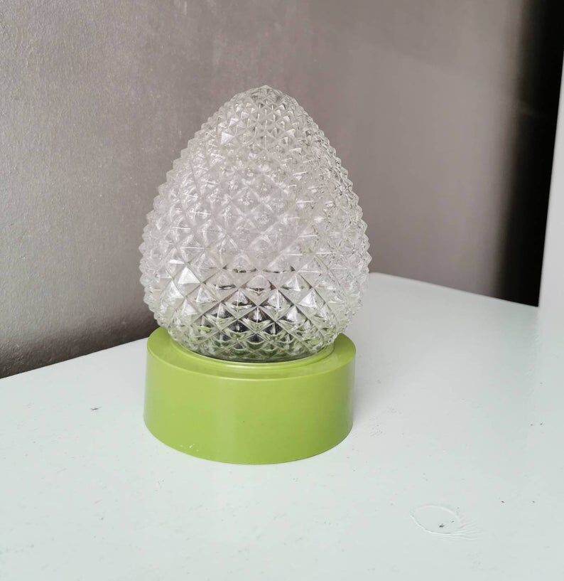 Vintage glass ceiling light with green plastic ring, 1980s